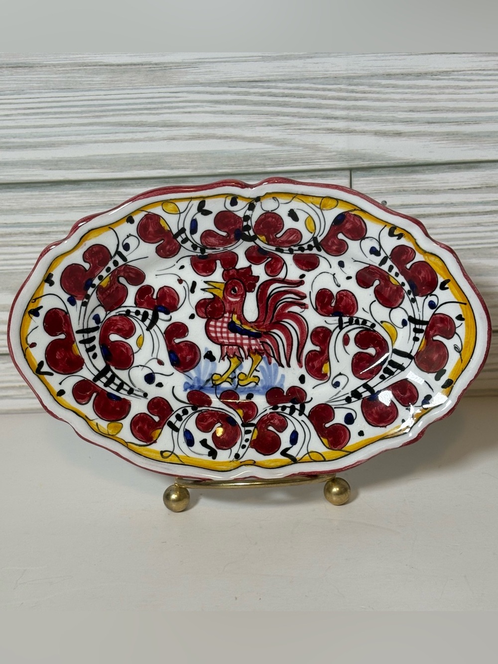 Vintage Italian Majolica Orvieto Red Rooster Small Oval Tray Dish Made in Italy
